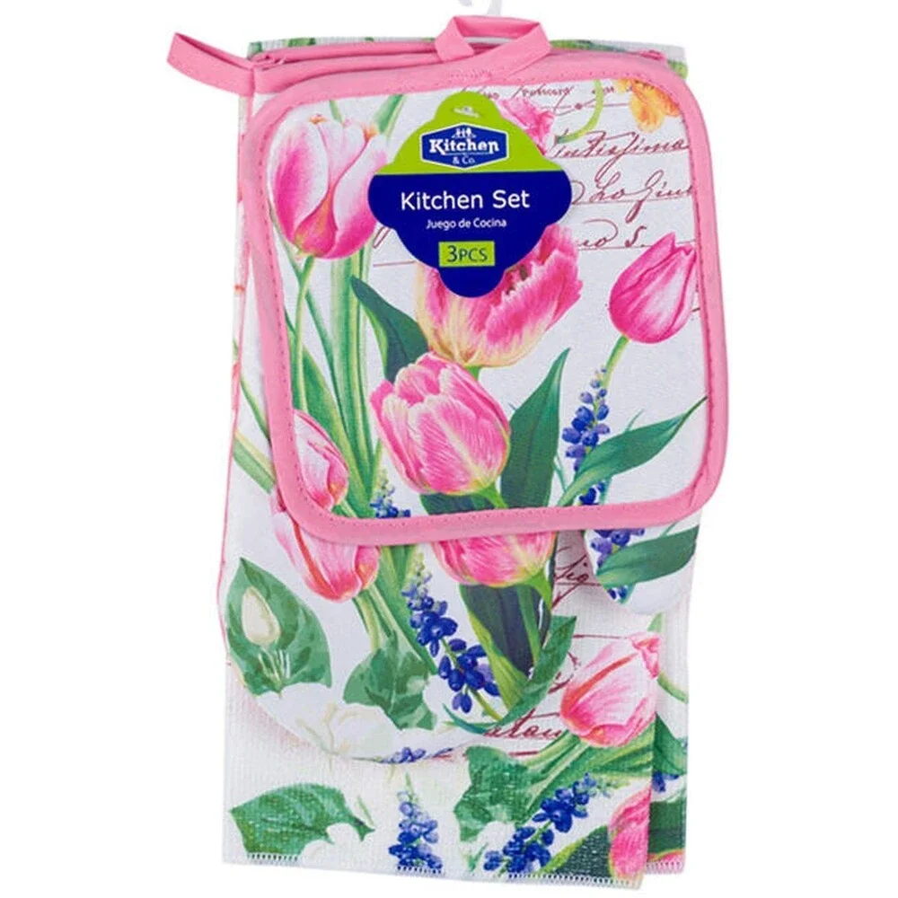 3 pc KITCHEN SET:1POT HOLDER,1OVEN MITT,1MICROFIBER TOWEL,FLOWERS, TULIPS,K&Co